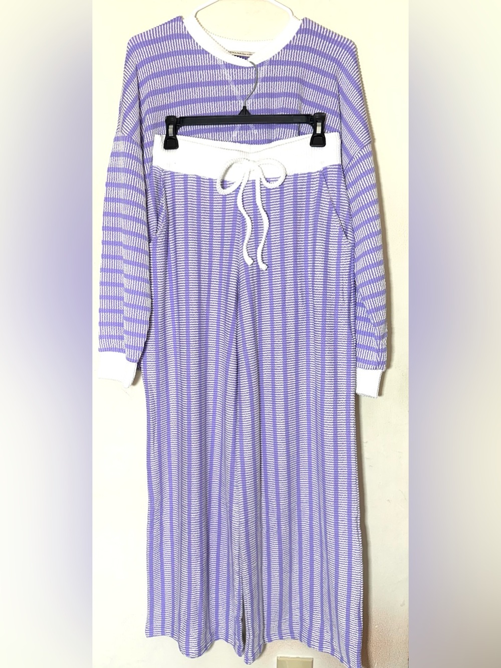 Zenana Raised Rib Striped Pullover & Wide Leg Pants Set Women’s Lavender - Picture 2 of 11